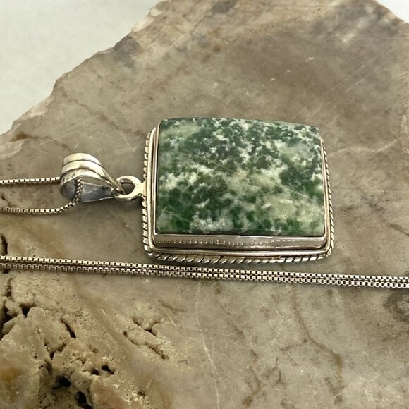 Sterling Silver 925 Bezel Set Tree Agate Rectangular Pendant Necklace 18.5" - Picture 7 of 16